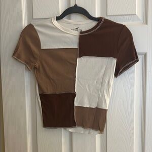 Hollister Brown and Cream Asymmetrical Crop T-Shirt